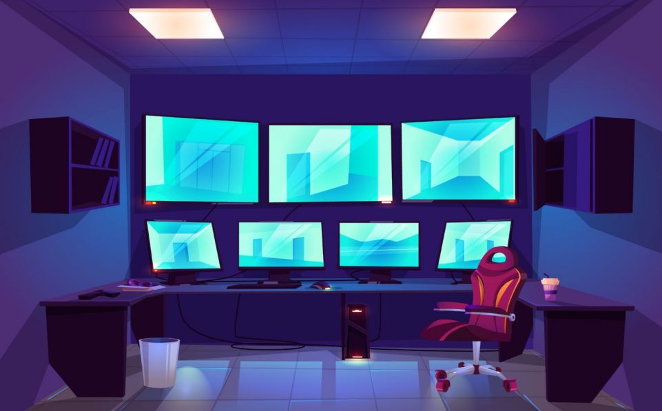 Security control cctv room interior with multiple monitors displaying video from surveillance cameras with outside and inside monitoring views. Guardian center with screens cartoon vector illustration